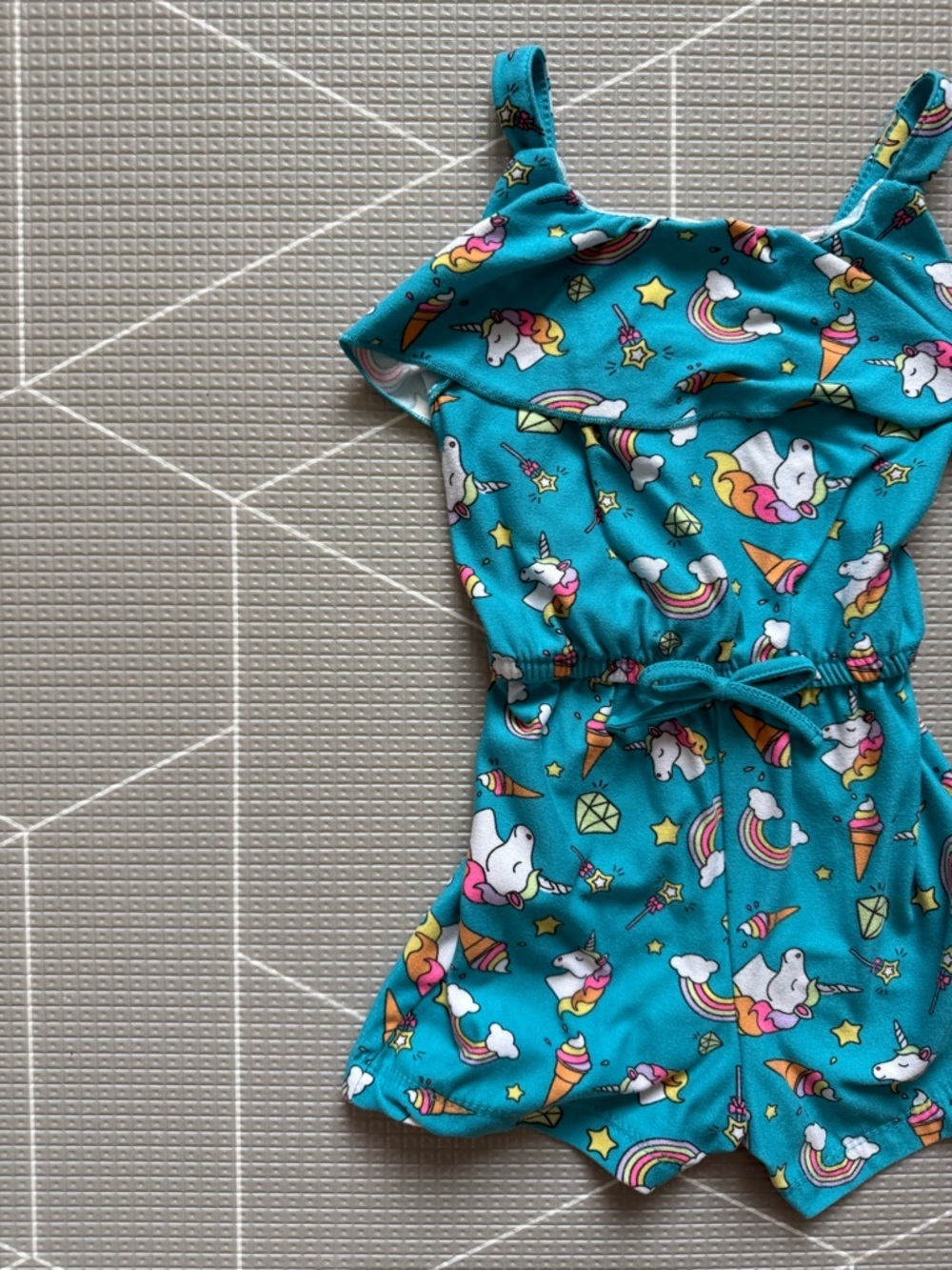 Kidgets|Baby girl aqua blue rainbow unicorn Print Teal Romper•sleeveless in 24M